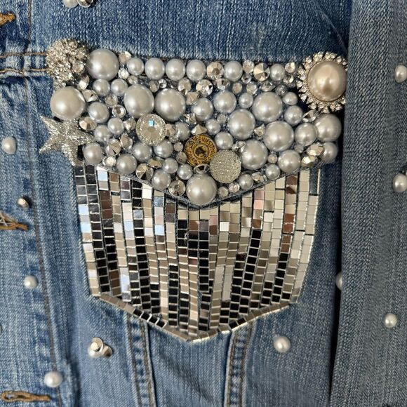 Levi’s Custom Rhinestone Cowgirl Bachelorette Disco Fringe Jean Jacket Size L - Picture 4 of 11